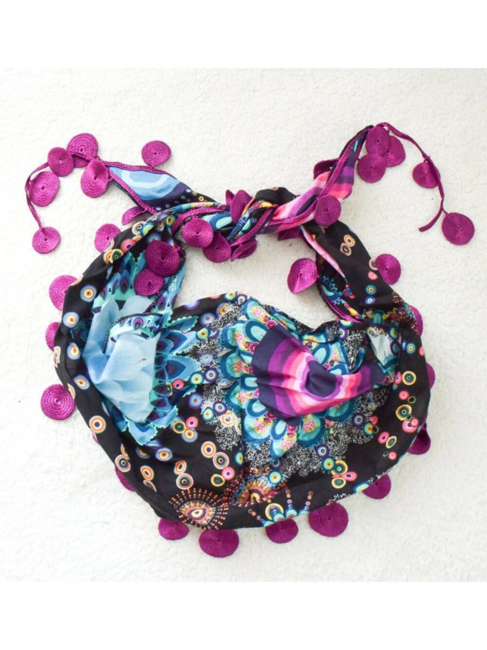 *Desigual* Purple/Black/Pink Circle Dangle Bohemian Scarf/Shawl